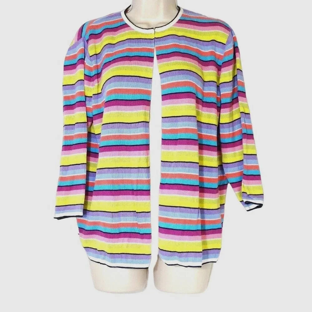 Designers Originals Open Front Ribbed Knit Cardigan Sweater Women Size L Stripe